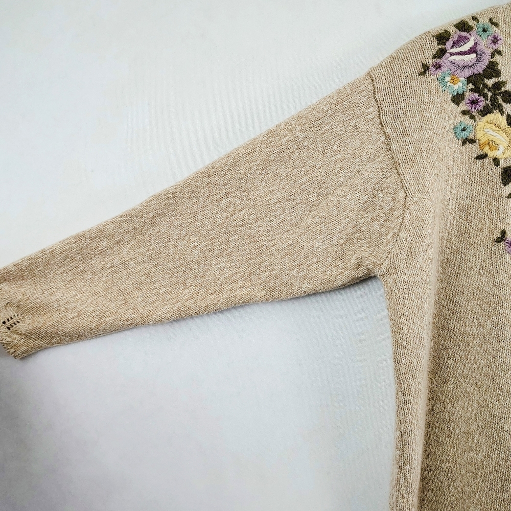 Vintage 90s Jantzen Women's Tan Plus Size Floral Embroidery Sweater Cottagecore - Picture 8 of 9